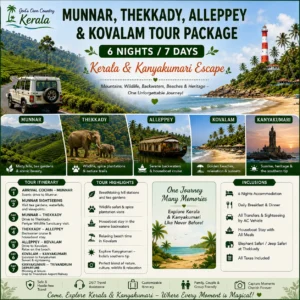 Munnar, Thekkady, Alleppey & Kovalam Tour Package – 6 Nights / 7 Days Kerala & Kanyakumari Escape