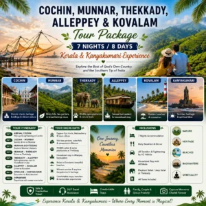 Cochin, Munnar, Thekkady, Alleppey & Kovalam Tour Package – 7 Nights / 8 Days Kerala & Kanyakumari Experience