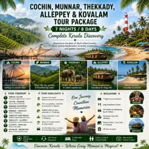 Cochin, Munnar, Thekkady, Alleppey & Kovalam Tour Package – 7 Nights / 8 Days Complete Kerala Discovery